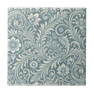 Scrolling Damask Pattern in Soft Blue and Ivory Tile