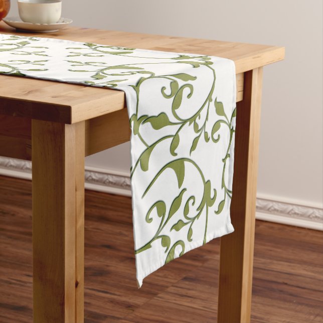 Scrolling Leaves in Olive Long Table Runner (In Situ)