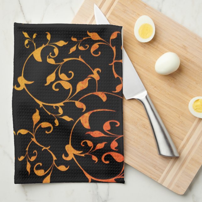 Scrolling Rust and Black Tea Towel (Quarter Fold)