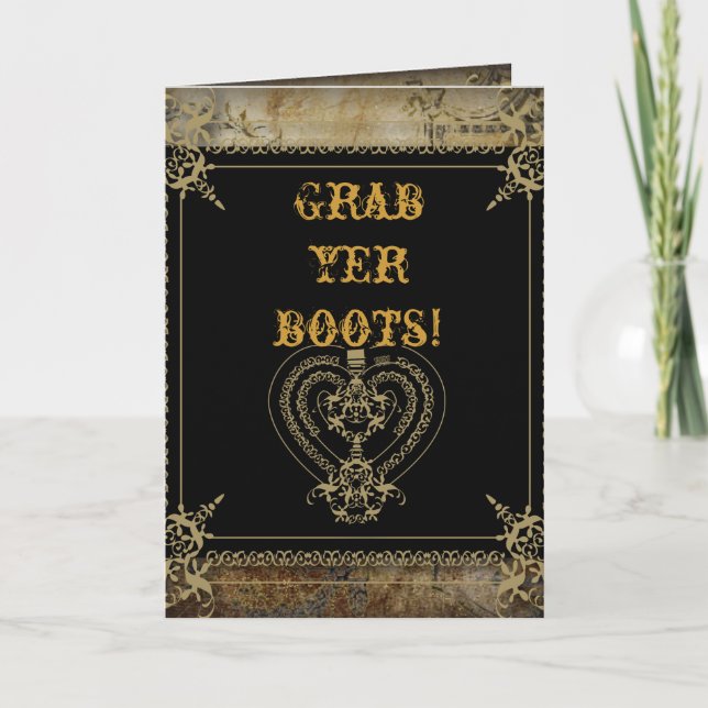 Scrolls rustic country western saloon wedding thank you card (Front)