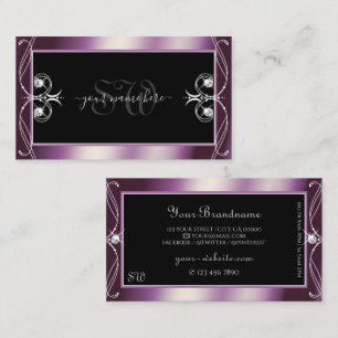 Scrollwork Black Purple Sparkle Diamonds Monogram Business Card