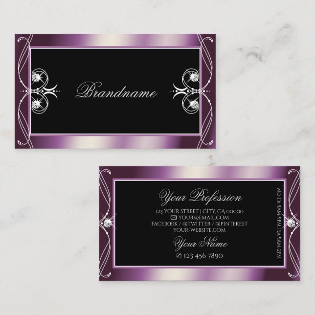 Scrollwork Black Purple Sparkle Diamonds Ornaments Business Card (Front/Back)