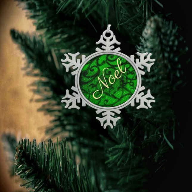 Scrollwork Green  Snowflake Pewter Christmas Ornament (This scrollwork Green Pewter Christmas Ornament, seems to glow as it hangs on the tree!)