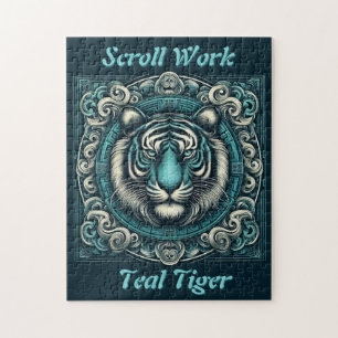 Scrollwork Teal Tiger Jigsaw Puzzle