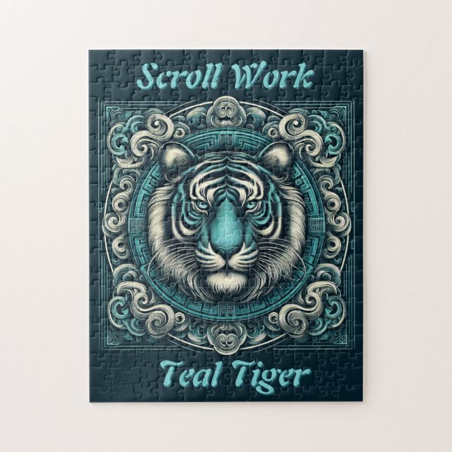 Scrollwork Teal Tiger Jigsaw Puzzle (Vertical)
