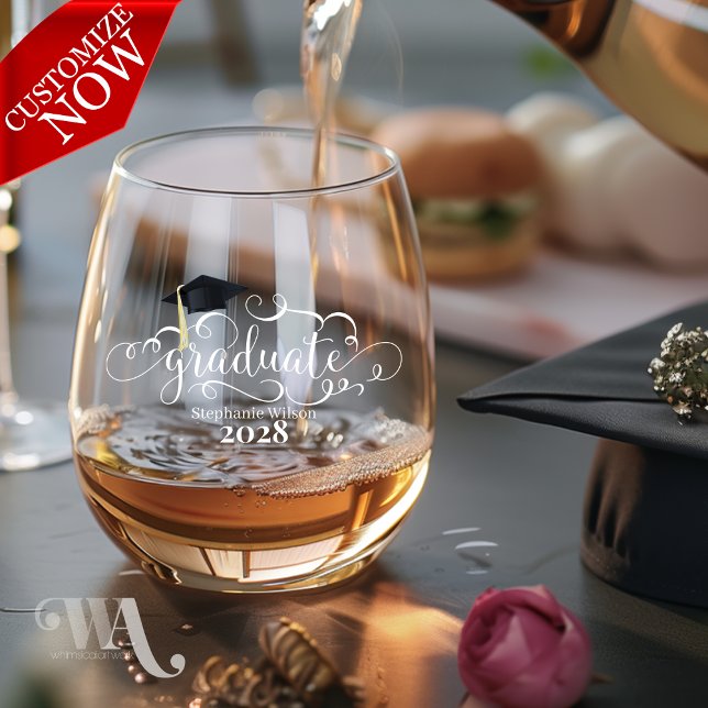 Scrolly Graduate Name and Year  Stemless Wine Glass (easy to customize
)