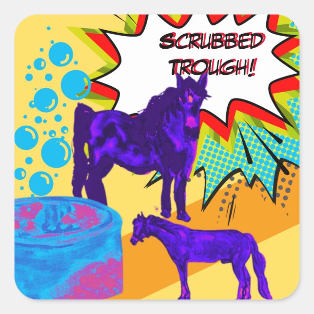 scrubbed trough comic style square sticker (Front)