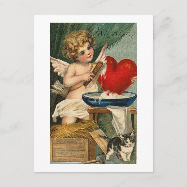 Scrubbing Heart Cupid and Cat Postcard (Front)