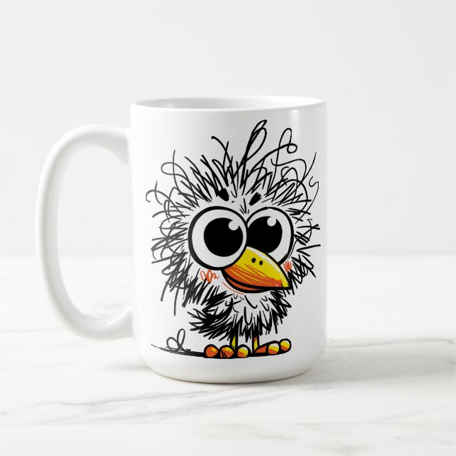 Scruffy Bird: Cute and Funny Art Coffee Mug (Left)