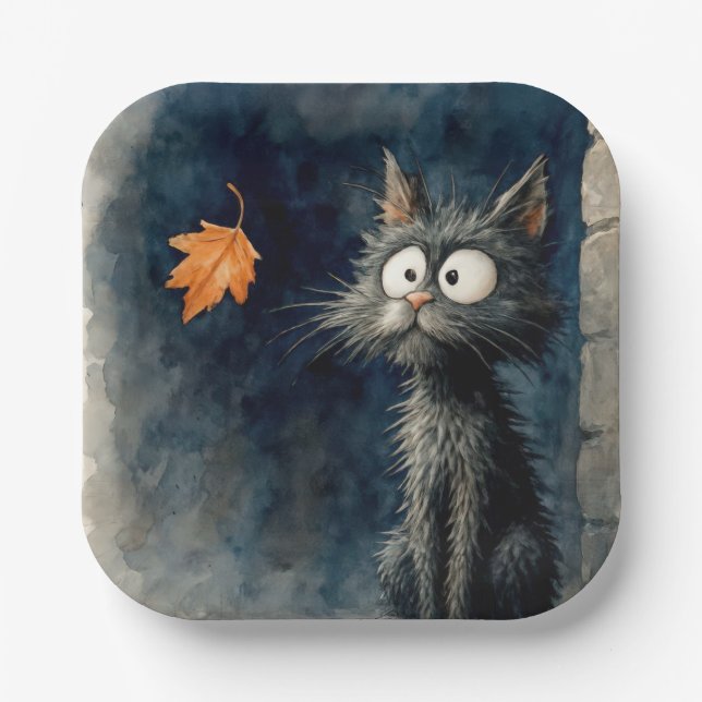 Scruffy Black Alley Cat With an Autumn Leaf Paper Plate (Front)