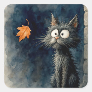 Scruffy Black Alley Cat With an Autumn Leaf Square Sticker