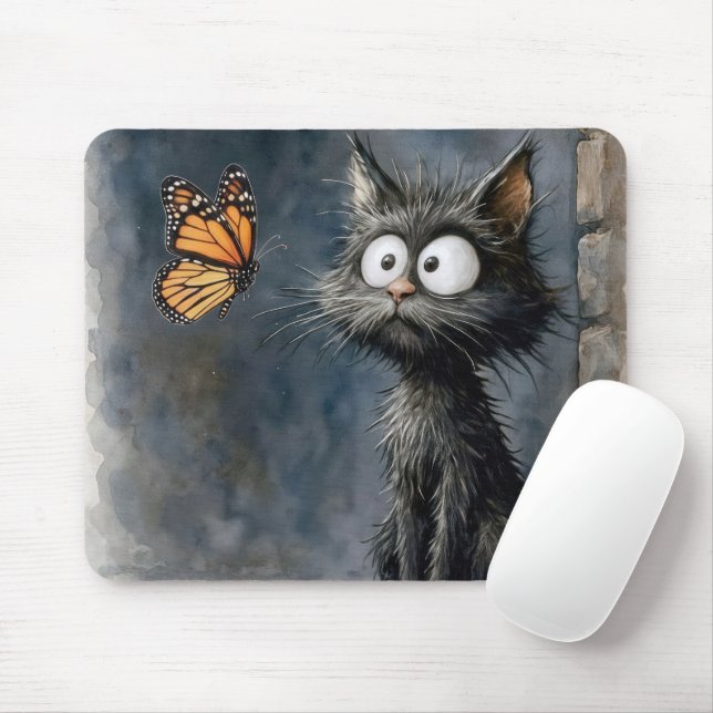 Scruffy Cat Staring at a Butterfly Mouse Mat (With Mouse)
