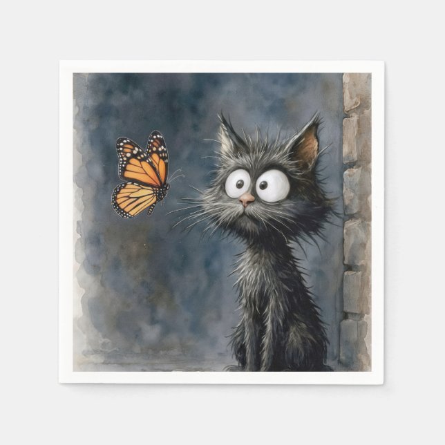 Scruffy Cat Staring at a Butterfly Napkin (Front)