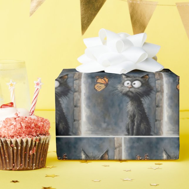 Scruffy Cat Staring at a Butterfly Wrapping Paper (Birthday Party)