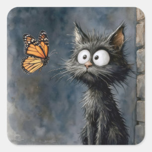 Scruffy Cat Staring at a Monarch Butterfly Square Sticker