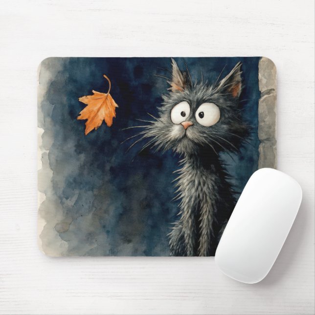 Scruffy Cat With Autumn Leaf Mouse Mat (With Mouse)
