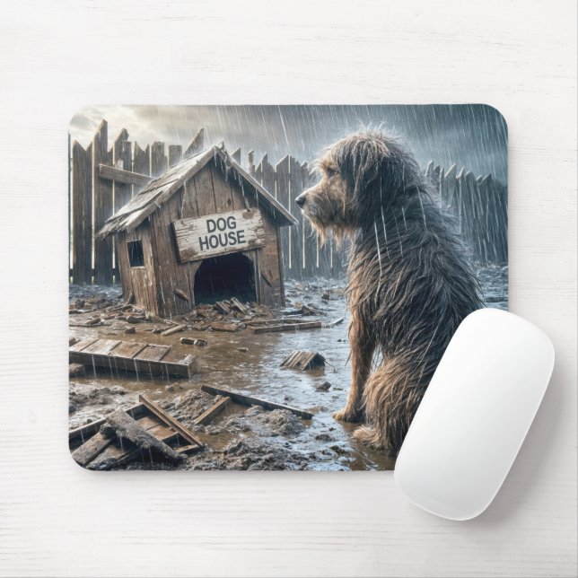Scruffy Dog Staring At His Doghouse Mouse Mat (With Mouse)