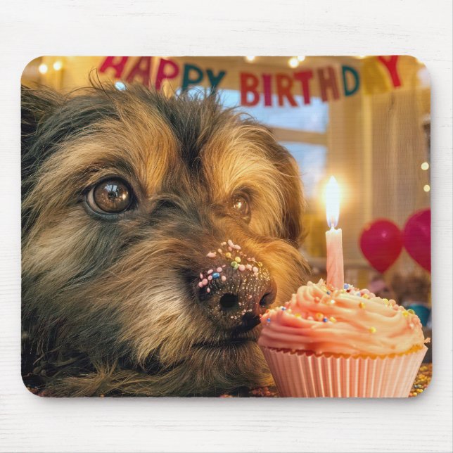 Scruffy Dog with a Birthday Cupcake Mouse Mat (Front)