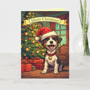 Scruffy Pup Santa Hat Christmas Tree Cheerful  Holiday Card
