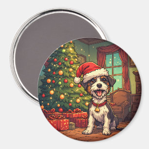 Scruffy Pup Santa Hat Christmas Tree Cheerful Magnet