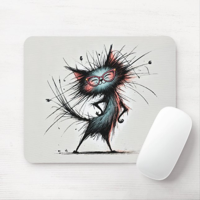 Scruffy Sassy Cat Wearing Red Glasses Mouse Mat (With Mouse)