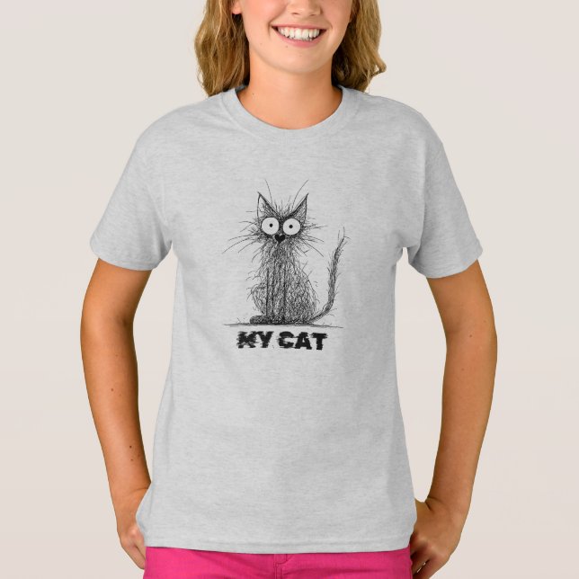 Scruffy Scribble Cat – Minimalist Whimsy T-Shirt (Front)