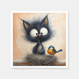 Scruffy Wide-eyed Cat Holding a Worm For a Bird Napkin