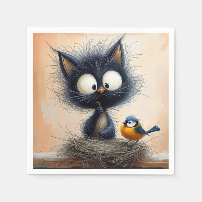 Scruffy Wide-eyed Cat Holding a Worm For a Bird Napkin (Front)