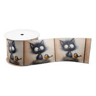 Scruffy Wide-eyed Cat Holding a Worm For a Bird Satin Ribbon