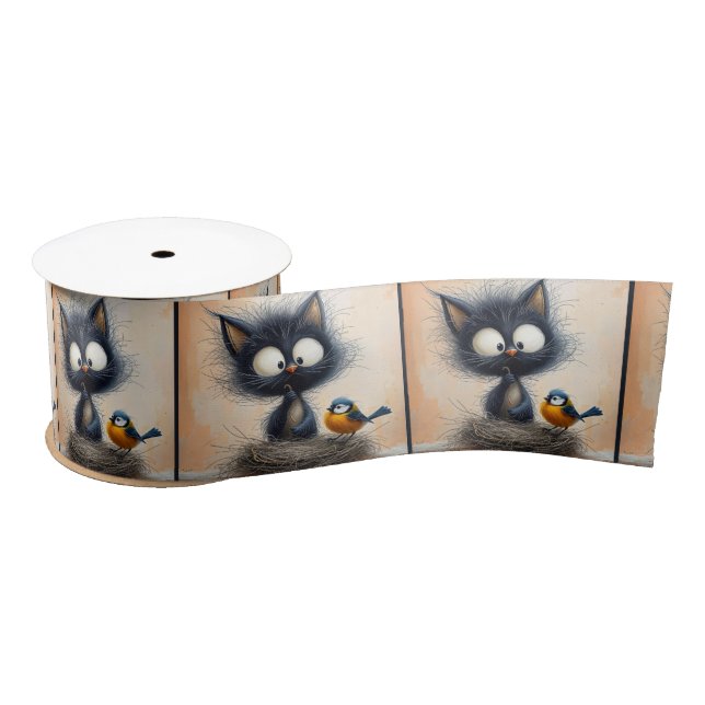 Scruffy Wide-eyed Cat Holding a Worm For a Bird Satin Ribbon (Spool)