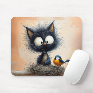 Scruffy Wide-eyed Cat With a Worm For a Bird Mouse Mat