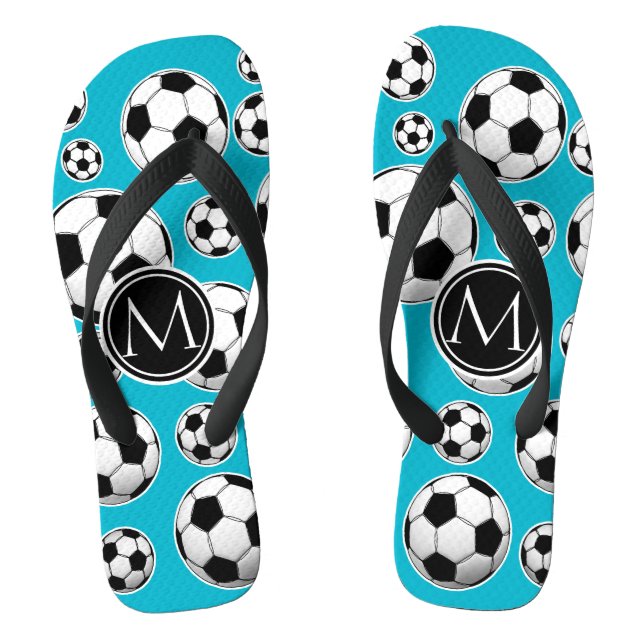 Scuba Blue Soccer Ball Pattern and Monogram Flip Flops (Footbed)