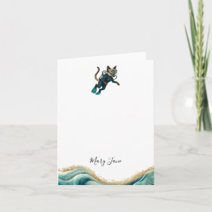 Scuba Cat Diving Blue Wet Suit Note Card