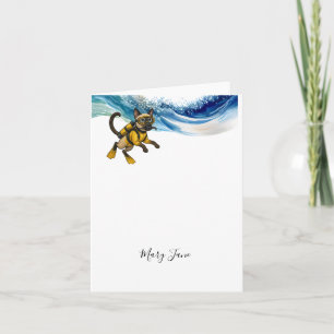 Scuba Cat Diving Blue Wet Suit Note Card