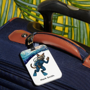 Scuba Cat Diving Blue Wet Suit with your name Luggage Tag