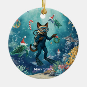 Scuba Cat is diving  Underwater Christmas themed Ceramic Tree Decoration