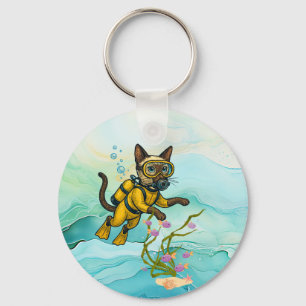 Scuba Cat is diving Underwater Key Ring