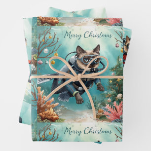 Scuba Cat Underwater Holiday Merry Christmas Wrapping Paper Sheet