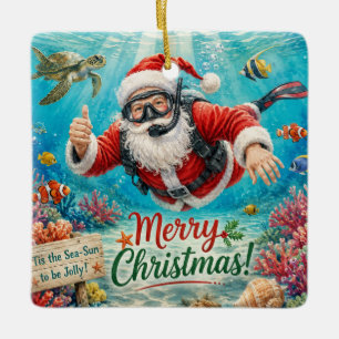 Scuba Christmas Santa Claus diving with turtle Ceramic Ornament