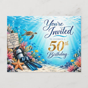 Scuba Diver 50th Birthday Underwater Invitation Postcard