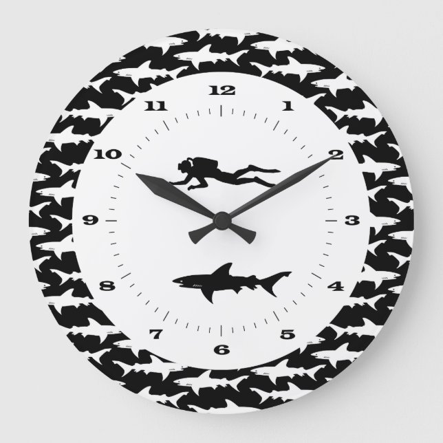 Scuba Diver and School of Sharks Danger Zone Large Clock (Front)
