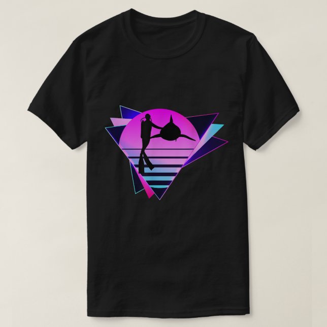 Scuba Diver and Shark Vaporware Retro 80s Diving  T-Shirt (Design Front)