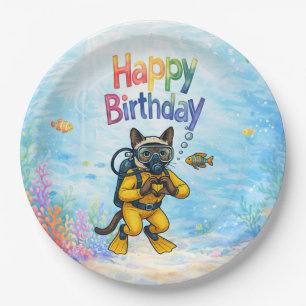 Scuba Diver Cat Birthday themed underwater Paper Plate
