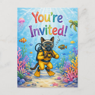 Scuba Diver Cat Birthday You’re Invited Underwater Postcard