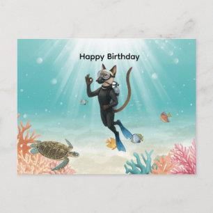 Scuba Diver Cat Happy Birthday under the sea Postcard