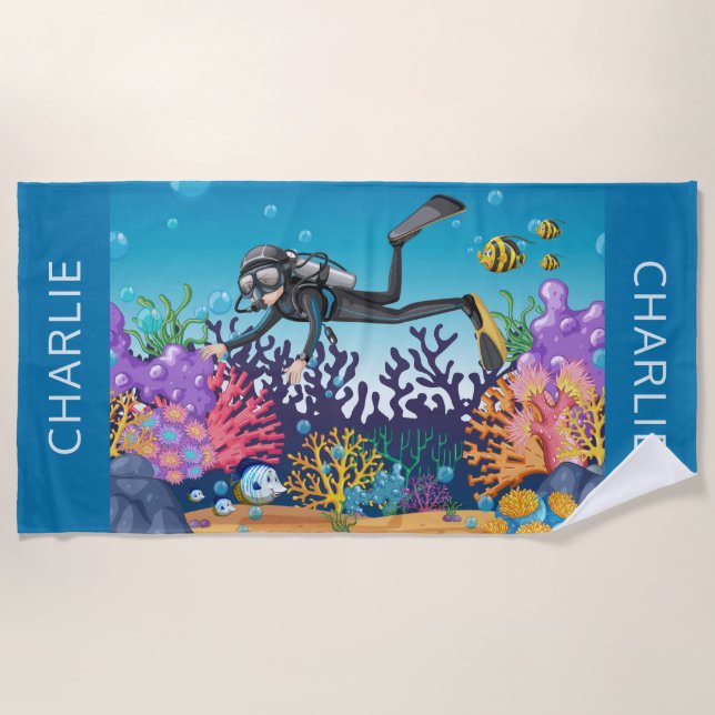 Scuba Diver custom name beach towel (Front)