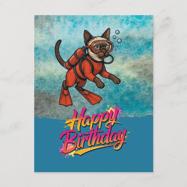 Scuba diver diving cat happy birthday  postcard (Front)
