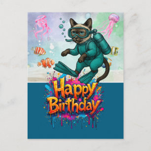 Scuba diver diving cat happy birthday postcard