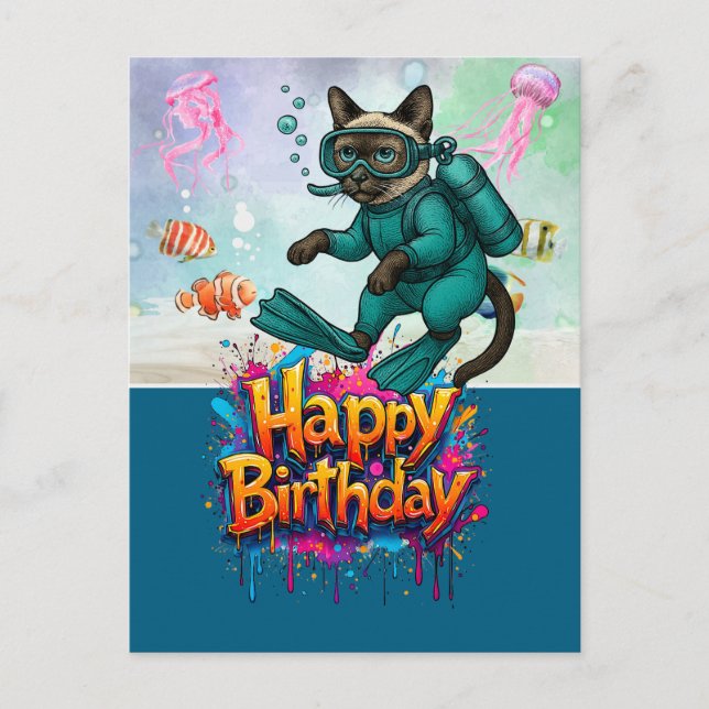 Scuba diver diving cat happy birthday  postcard (Front)