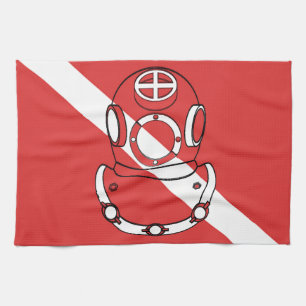 SCUBA DIVER HELMET RED WHITE DIVERS FLAG GIFT TEA TOWEL